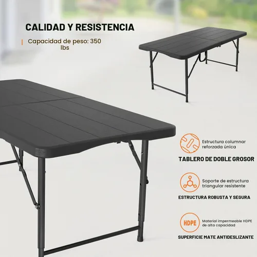 Vista 4 de Vingli - Mesa plegable de 4 pies de plástico para camping, altura ajustable en 3 niveles, portátil para interiores/exteriores, mesa de fiesta Negro