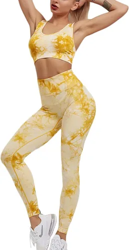 Vista 3 de YuMENo Conjuntos de entrenamiento de teñido anudado para mujer, 2 piezas, sin costuras, cintura alta, leggings de yoga con brasier deportivo, ropa