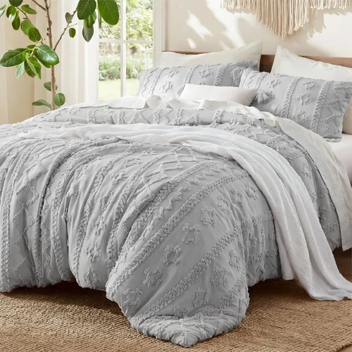 Vista 29 de Bedsure Juego de edredón bohemio copetudo, tamaño individual, juego de cama bohemio azul pizarra, GentleSoft™ 2 piezas de ropa de cama bordada