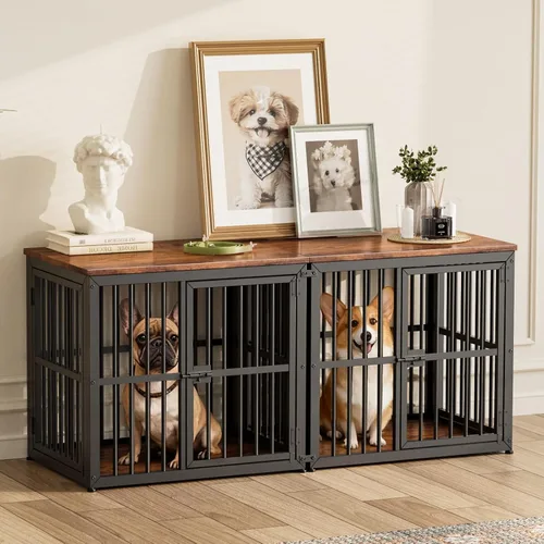 Vista 14 de Lyromix Mueble apilable para perros de 43 pulgadas, para razas grandes con habitaciones dobles, jaula de madera para perros, perrera resistente