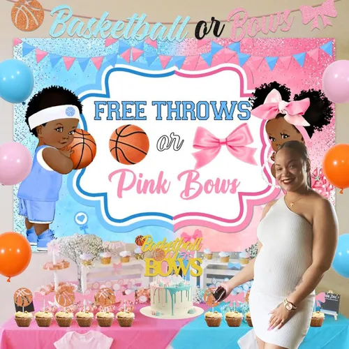 Vista 2 de Decoraciones de baloncesto o moños para revelación de género – telón de fondo de mantas gratis o lazos rosados, pancarta, decoración de pastel