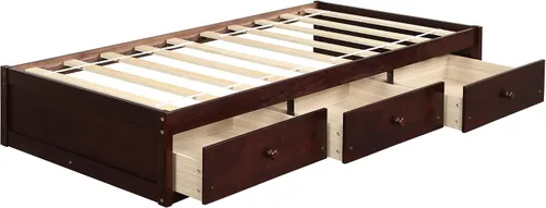 Vista 5 de Merax Marco de cama de madera con 3 cajones, cama de día individual Storge con soporte de listones de madera, ahorro de espacio, cereza