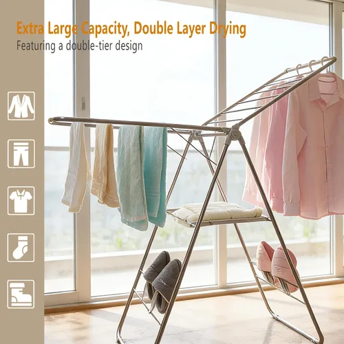 Vista 2 de Tendedero plegable de altura ajustable, gran espacio, estante de lavandería alado con clips para calcetines para colgar toallas, ropa, ropa de cama