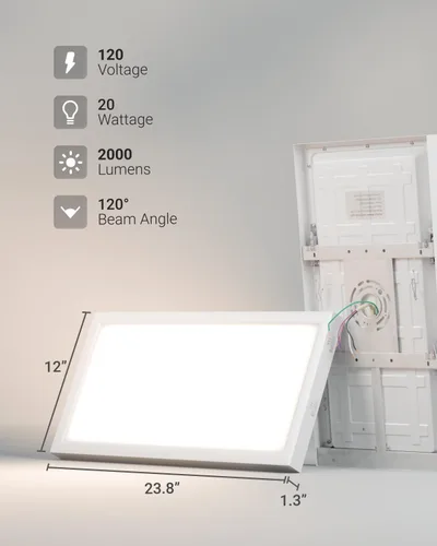 Vista 6 de Sunco Paquete de 6 Luces de Panel Plano LED de 1x2, CCT Dual Seleccionable 3500K/4000K/5000K y Potencia Seleccionable 16W/18W/20W, 2000 LM, Triac