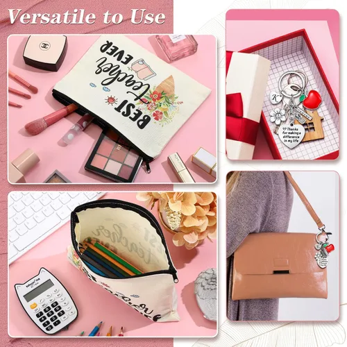 Vista 5 de Fumete Juego de regalos de agradecimiento para profesores para mujeres, bolsa de maquillaje con inicial, llavero para regalo de graduación