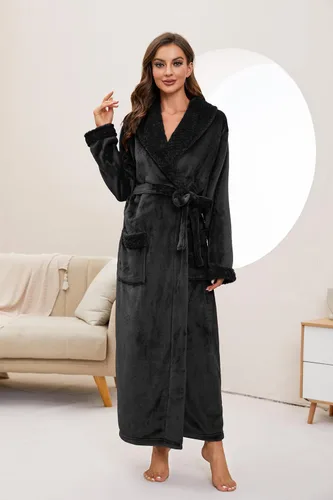 Vista 4 de HEARTNICE - Bata larga de forro polar para mujer, batas suaves y esponjosas para mujer, batas de baño cálidas, abrigo cómodo para el hogar de Negro