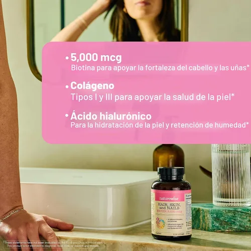 Vista 4 de NatureWise Vitamina para el cabello, piel y uñas, biotina 5000mcg con ácido hialurónico, colágeno para mujeres con complejo C, B, D3, A, E, hierro