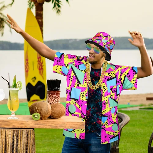Vista 5 de Janmercy Juego de 5 piezas de disfraz hawaiano de los años 80 y 90 para hombre, camisa neón de los años 90, camisas de playa, trajes para verano