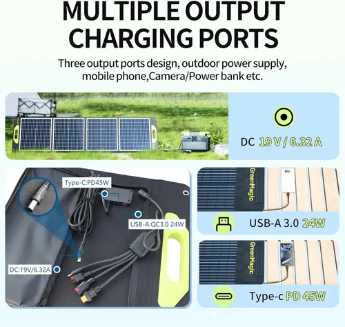 Vista 4 de Greenmagic Panel Solar Portátil de 120W 19V, Kit de Paneles Solares Plegables de 120W con Soportes Ajustables, Impermeable IP65 para Camping