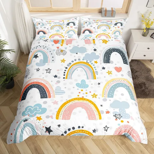 Vista 9 de Decoración de habitación kawaii, juego de funda de edredón arcoíris para niñas, tamaño individual, para niños y niños, lindo diseño de nubes