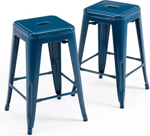 Vista 22 de Vogue Furniture Direct 24" Taburetes de bar de metal sin respaldo negros para interiores/exteriores, altura para encimera con asiento cuadrado