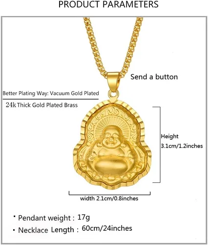 Vista 3 de Collar de Buda riendo chapado en oro de 24 quilates, colgante religioso con amuleto de la suerte, joyería Fengshui, Cobre, No es una piedra preciosa