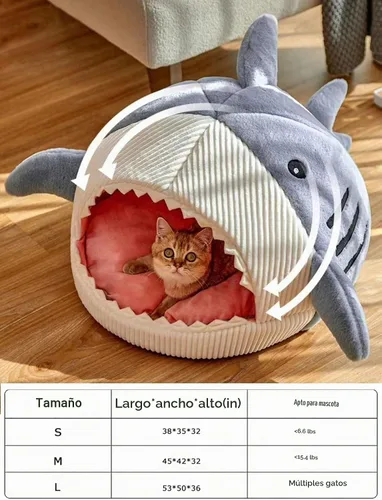 Vista 6 de QWINEE Cama para Gatos en Forma de Tiburón, Cama para Gatitos, Casa de Escondite, Cálida, Suave, Cómoda, Semicerrada, Azul, Tamaño S