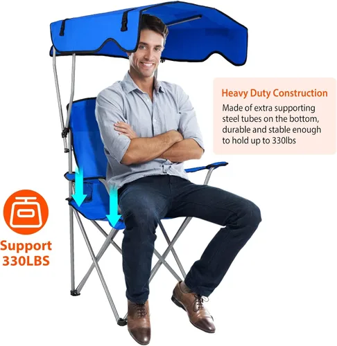 Vista 6 de Silla plegable con toldo de playa, sillas de campamento con sombra, protección solar resistente, silla de césped con soporte para tazas