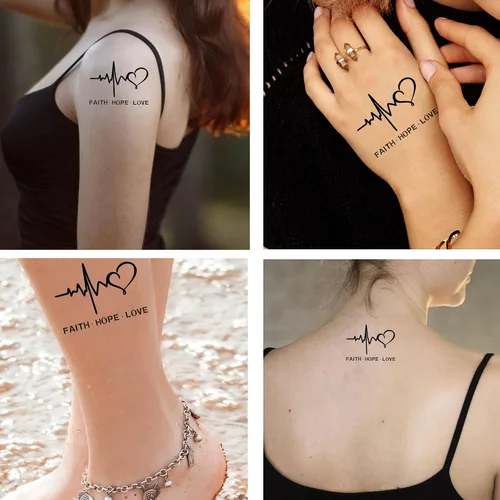 Vista 2 de 6 hojas de tatuajes temporales de fe esperanza amor en cruz corazón tatuajes falsos temporales palabras tatuaje para mujeres niñas cuello tatuajes