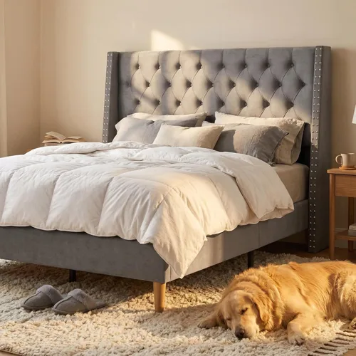 Vista 17 de Base de cama matrimonial con cabecera de almacenamiento con respaldo alado de 51.8 pulgadas, plataforma tapizada gris con estación de carga (tipo C)