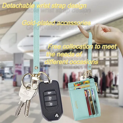 Vista 6 de Wikavanli Funda delgada para tarjetas de crédito con bloqueo Rfid para mujer, cartera con cremallera, cartera pequeña y compacta de cuero