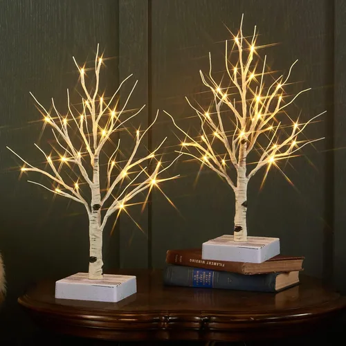Vista 9 de Fudios Árbol de abedul iluminado con temporizador, funciona con pilas, 18 pulgadas, decoración del hogar, árboles de abedul artificiales