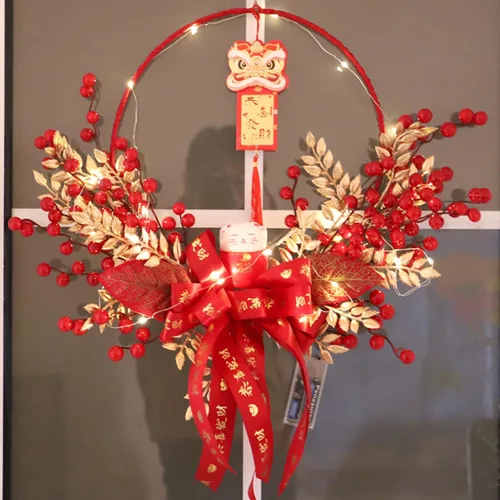 Vista 5 de Fenteer Decoraciones redondas de Año Nuevo Chino Decoración Colgante Ventana Lucky Cats Corona para Holiday Home Office Adornos - Rojo