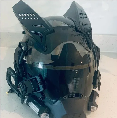 Vista 2 de Tira de luz LED blanca, máscara punk para hombre, máscara punk techwear, samurái, caballero, cosplay, casco futurista, máscara punk futurista