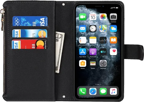 Vista 6 de Funda cruzada para iPhone 11 Pro Max con correa, 6.5 pulgadas, color negro for Women Men,Credit Card Holder,9 Card Slots,Purse,Long Shoulder