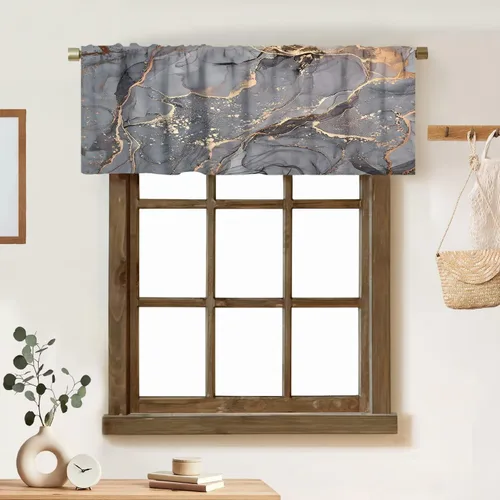 Vista 48 de Cortina de cenefa de mármol verde con venas doradas de mármol negro, diseño abstracto de lujo, elegante cenefa con bolsillo para barra, 1 panel