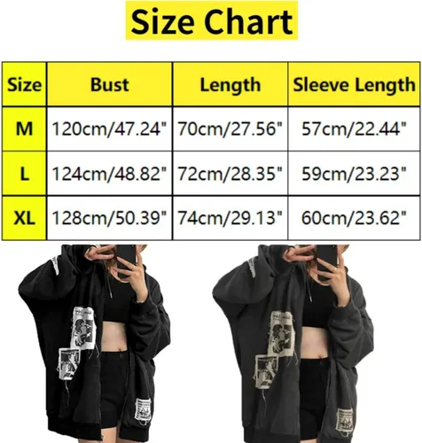Vista 3 de Sudadera con capucha vintage para mujer, sudadera de gran tamaño con estampado de graffiti punk con cremallera para adolescentes, bolsillos estéticos