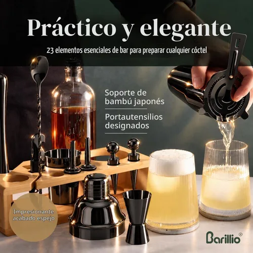 Vista 5 de Barillio Black Bartender Kit – Juego de coctelera de acero inoxidable con soporte de bambú – Herramientas de barra de mixología con coctelera