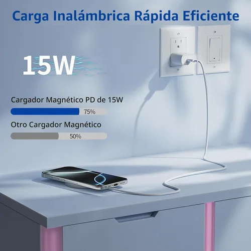 Vista 3 de Cargador inalámbrico magnético de 15 W, estación de carga inalámbrica rápida Mag-Safe con luz nocturna LED suave, cargador magnético portátil