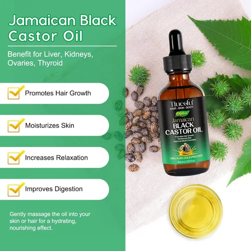 Vista 2 de Tiuedu Aceite de ricino negro jamaicano para el crecimiento del cabello, pestañas y cejas más gruesas, aceite de ricino para cabello, cara, cuerpo
