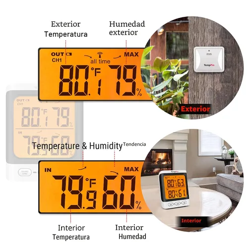 Vista 2 de Hidrómetro ThermoPro TP62 digital e inalámbrico para interior y exterior, medidor de temperatura y humedad con pantalla LCD de retroiluminación