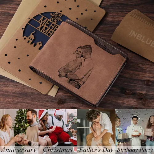 Vista 6 de INBLUE Billetera plegable grabada personalizada, cartera de cuero personalizada con foto y texto grabado, regalos para hombres, marido, papá, hijo