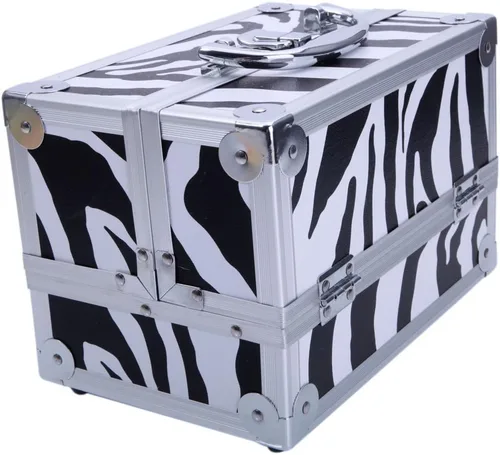 Vista 3 de Caja de tren de maquillaje de aluminio ligero, joyero, organizador de cosméticos con espejo (9.06 x 5.91 x 5.91) (largo x ancho x alto) cebra