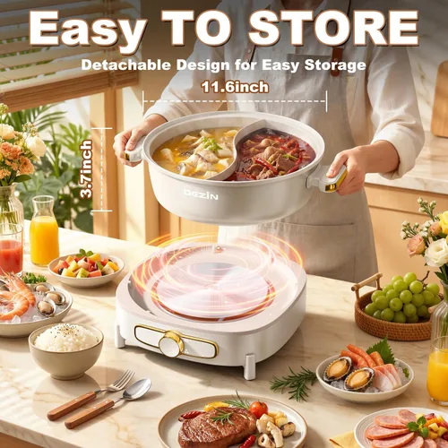 Vista 6 de Dezin Olla eléctrica con divisor, olla Shabu Shabu Shabu de doble sabor de 6 L, olla eléctrica antiadherente extraíble de doble cara, olla china
