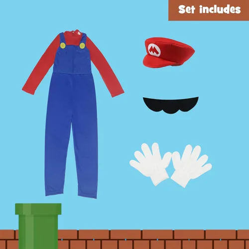 Vista 2 de Disfraz de Super Brothers para niño, overol de cosplay de fontanero con accesorio
