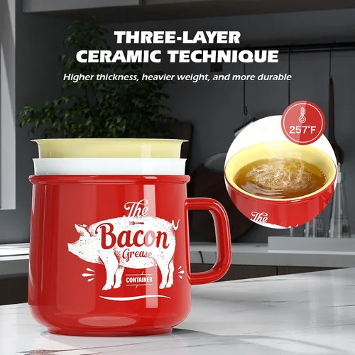 Vista 4 de PGYARD Ceramic Bacon Grease Saver With Strainer, 23OZ Farmhouse Container Rojo