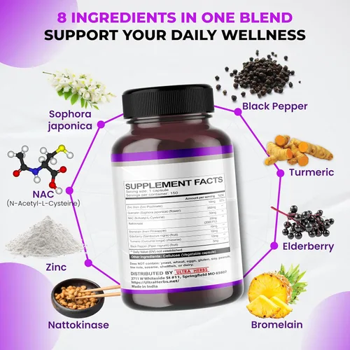 Vista 4 de Suplemento de quercetina con bromelina, vitamina C y zinc, nattoquinasa, NAC, saúco, saúco Complejo ultra antioxidante 8 en 1 para la salud inmune