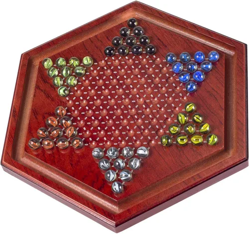 Vista 2 de AMEROUS Juego de mesa de damas chinas de madera de 13.6 pulgadas con 60 canicas de vidrio coloridas, juego de estrategia clásico para niños