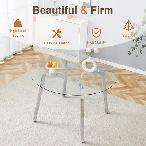 Vista 6 de Modern Luxurious Round Tempered Glass Dining Table with Silver 7 Shaped Metal Legs,Suitable for Family Meals, Office conferences, or as a Casual