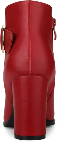 Vista 4 de Allegra K Botines de tacón grueso con hebilla circular y punta redonda para mujer