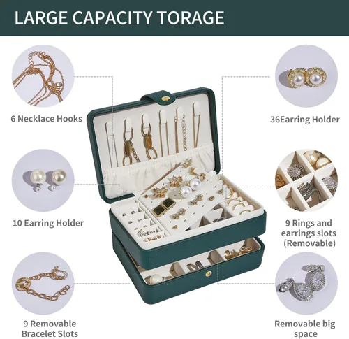 Vista 3 de BUTI4WLD Joyero pequeño, cajas de joyería para mujeres y niñas, caja organizadora de joyas, 2 capas organizador de almacenamiento de joyas de viaje