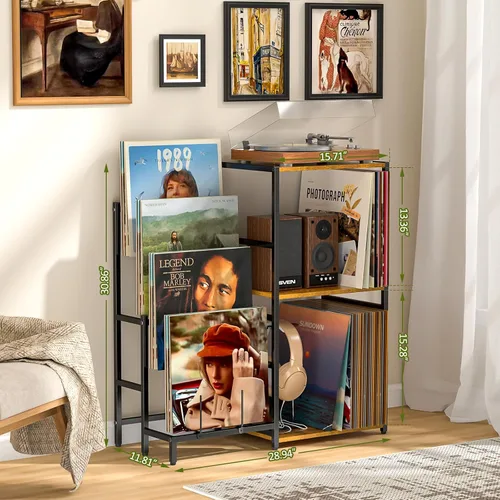 Vista 4 de Soporte para tocadiscos, mesa para tocadiscos con almacenamiento de vinilos de 4 niveles, almacenamiento para tocadiscos de hasta 200+ álbumes