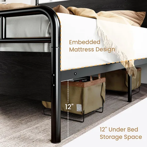 Vista 6 de SHA CERLIN Base de cama tamaño completo con cabecera de madera industrial vintage, plataforma de metal resistente con almacenamiento debajo