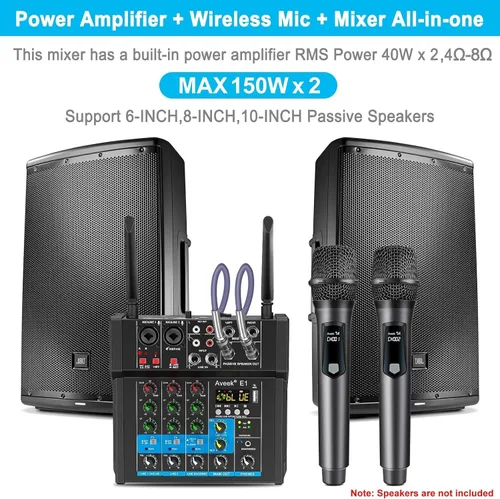 Vista 10 de Aveek - Mezclador de audio amplificador de 150 W x2, 4 canales con 2 micrófonos inalámbricos