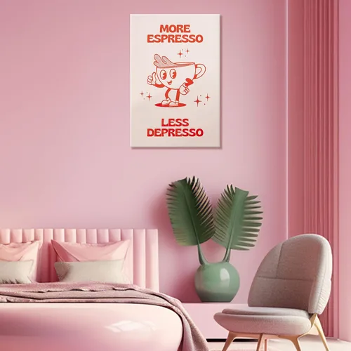 Vista 2 de Póster retro con texto en inglés «More Espresso Less Depresso», bonita taza de café de dibujos animados, citas rojas, arte de pared, divertido