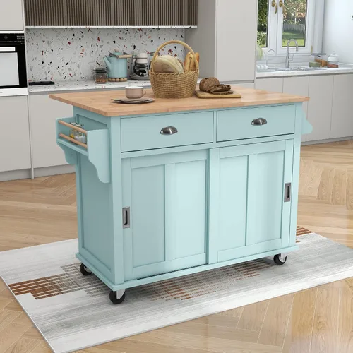 Vista 30 de Delicate Rolling Kitchen Island Cart with Rubber Wood Drop-Leaf Countertop and Lockable Rollers,Storage Cabinet and 2 Drawers,Sliding Barn Door