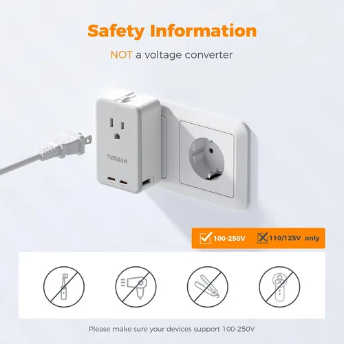 Vista 7 de TESSAN Adaptador de viaje PD 20W, adaptador de corriente universal con 3