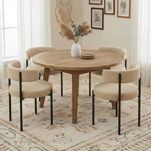 Vista 5 de Juego de 2 sillas de comedor Boucle, sillas de comedor beige con asiento tapizado y respaldo redondo, sillas de cocina modernas de mediados de siglo