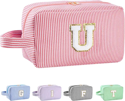 Vista 87 de Bolsa de maquillaje personalizada con inicial A-Z para mujeres, niñas y niños, bolsa de aseo de viaje, bolsa de maquillaje preparada, bolsa