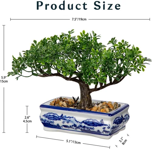Vista 3 de Árbol bonsái artificial con maceta de porcelana azul y blanca, bonsái falso para decoración de escritorio de oficina en casa, decoración oriental